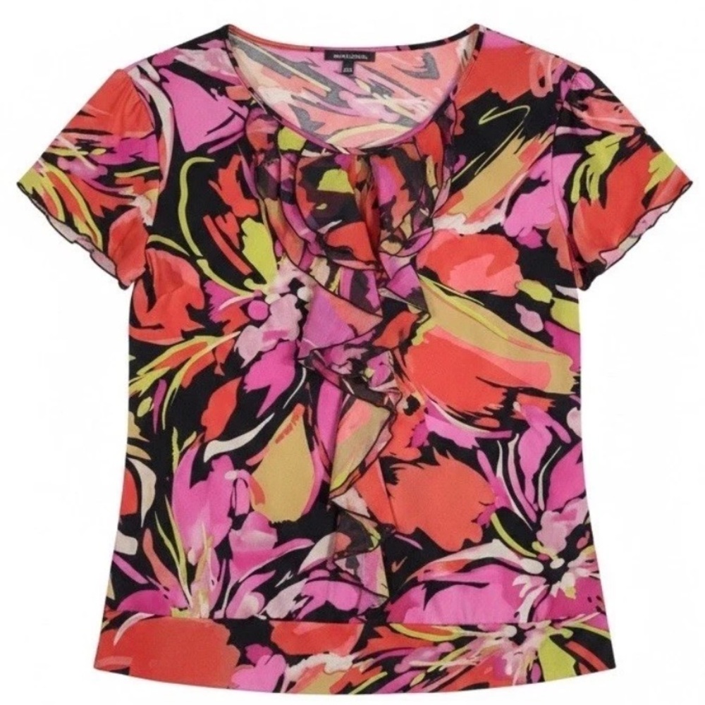 Notations Black Floral Ruffle Front Short Sleeve Top with Pink and Coral Flowers